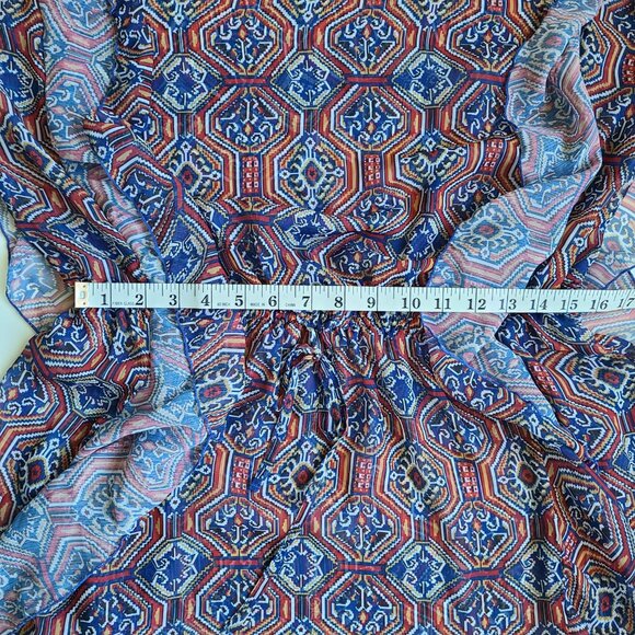 Jessica Simpson Sheer Tunic Blouse L Blue Red Ruffles Sheer Elastic Waist Boho - Picture 10 of 12